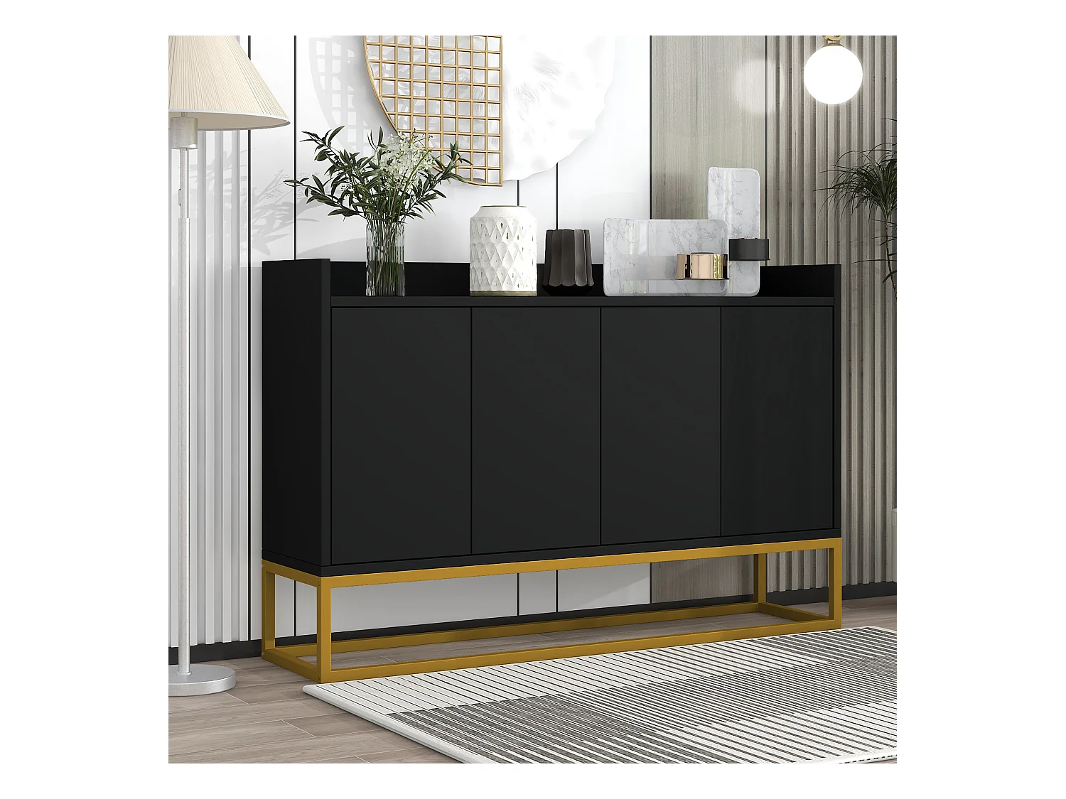 Buffet moderne minimaliste à 4 portes, sans poignées, pour salle à manger, salon, cuisine, MDF, noir (120x30x80 cm)