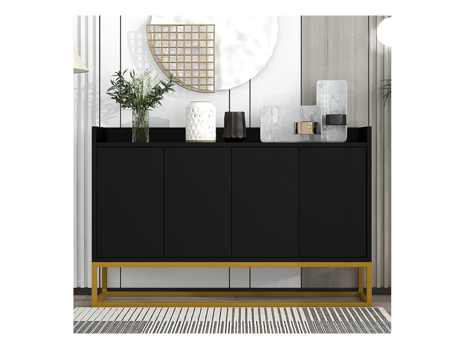 Buffet moderne minimaliste à 4 portes, sans poignées, pour salle à manger, salon, cuisine, MDF, noir (120x30x80 cm)