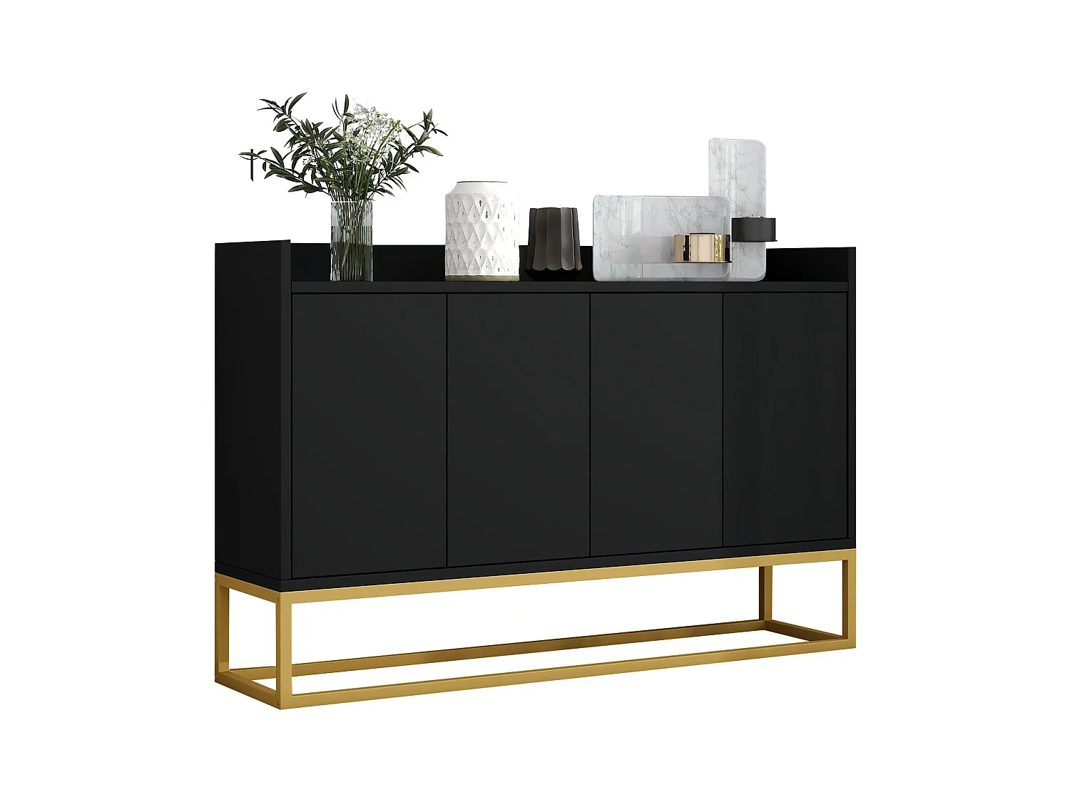 Buffet moderne minimaliste à 4 portes, sans poignées, pour salle à manger, salon, cuisine, MDF, noir (120x30x80 cm)