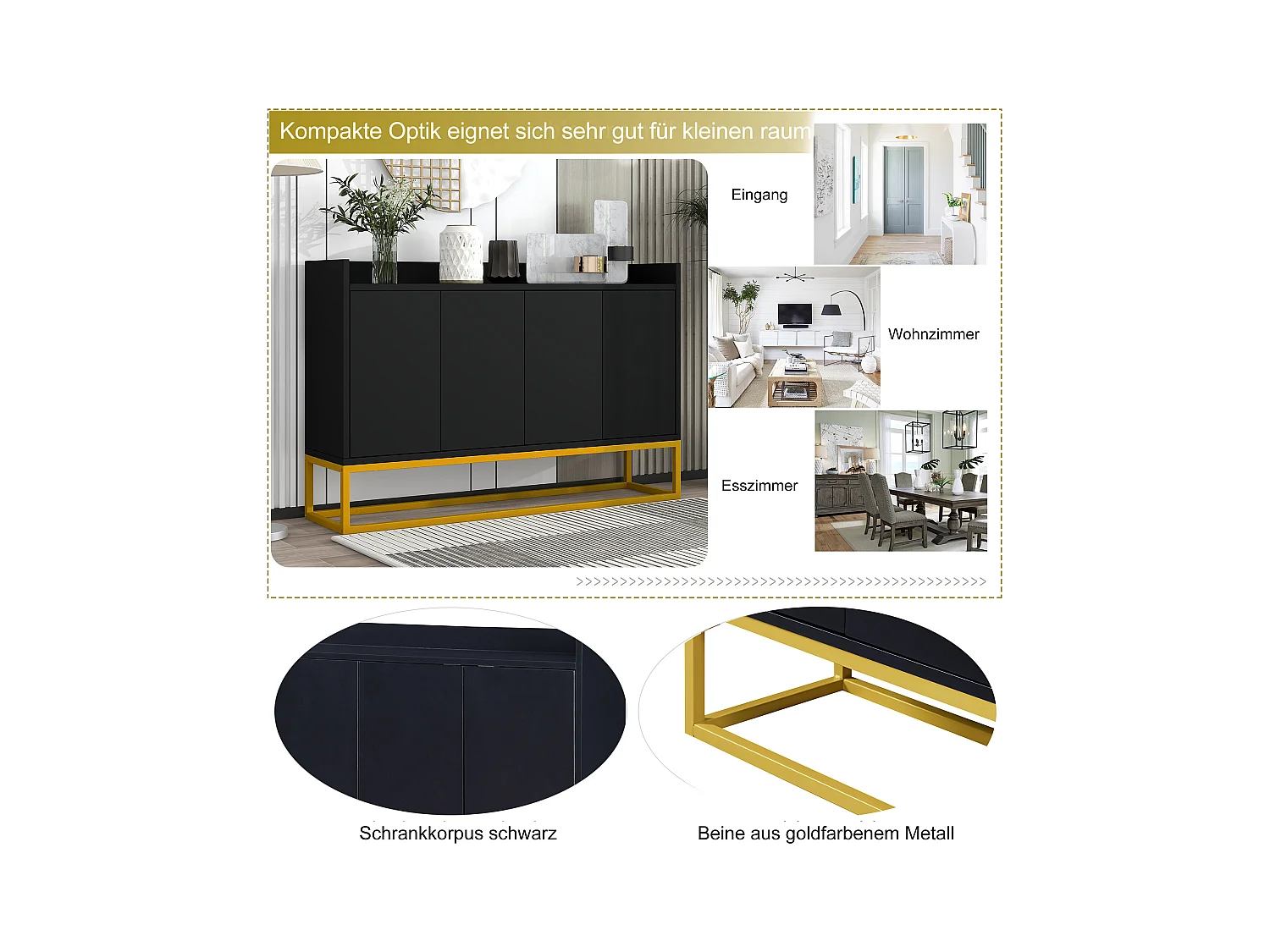 Buffet moderne minimaliste à 4 portes, sans poignées, pour salle à manger, salon, cuisine, MDF, noir (120x30x80 cm)