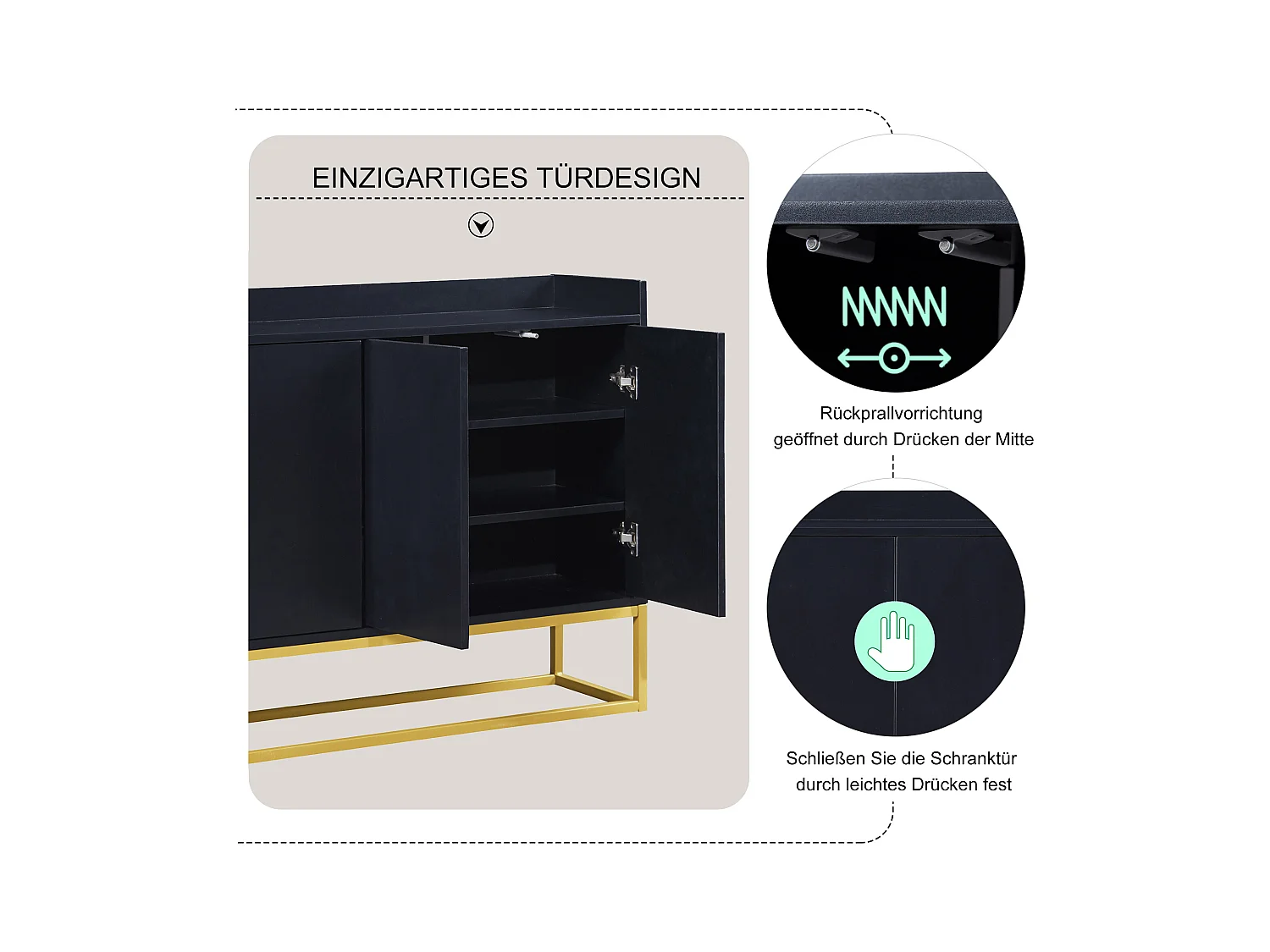 Buffet moderne minimaliste à 4 portes, sans poignées, pour salle à manger, salon, cuisine, MDF, noir (120x30x80 cm)