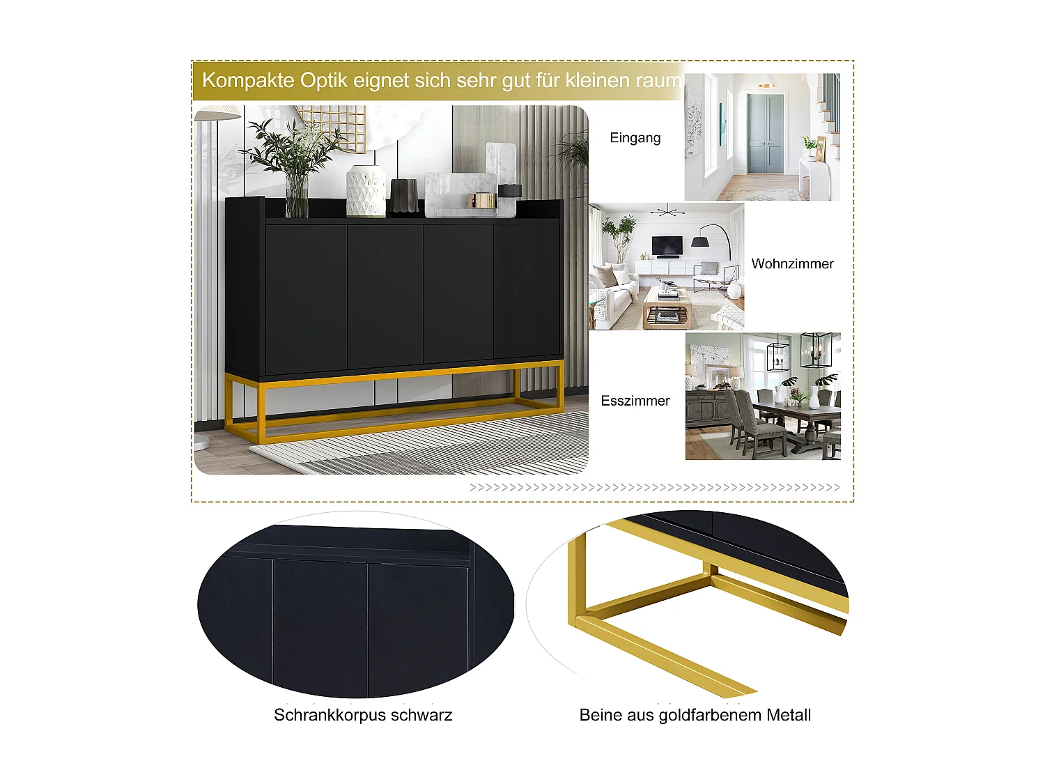 Aparador minimalista moderno de 4 puertas, sin tiradores, para comedor, salón, cocina, MDF, negro (120x30x80 cm)