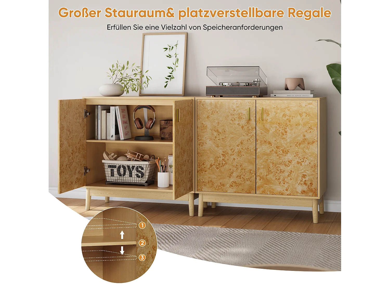 Buffetkast met massief houten poten, verstelbare planken, MDF, geel (80x38x77,5 cm)