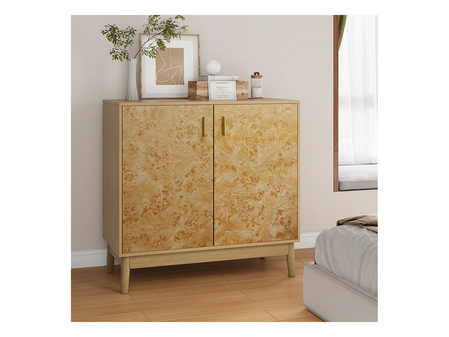 Buffet avec pieds en bois massif, étagères réglables, MDF, jaune (80x38x77,5 cm)