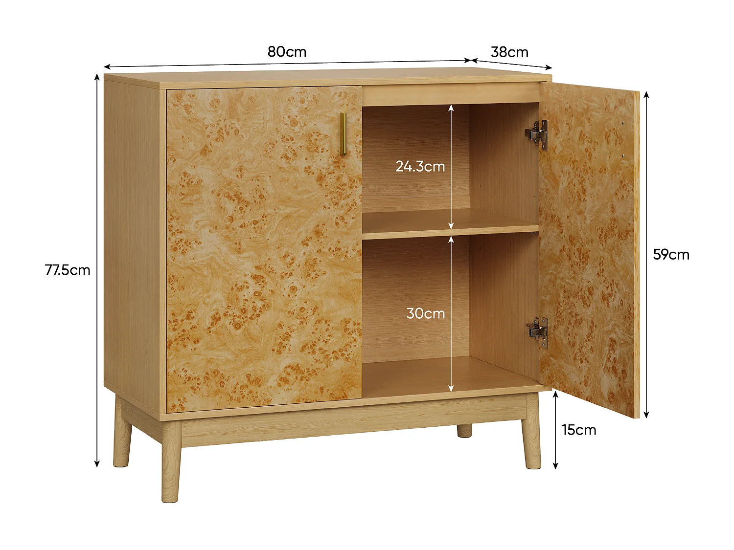 Buffet avec pieds en bois massif, étagères réglables, MDF, jaune (80x38x77,5 cm)