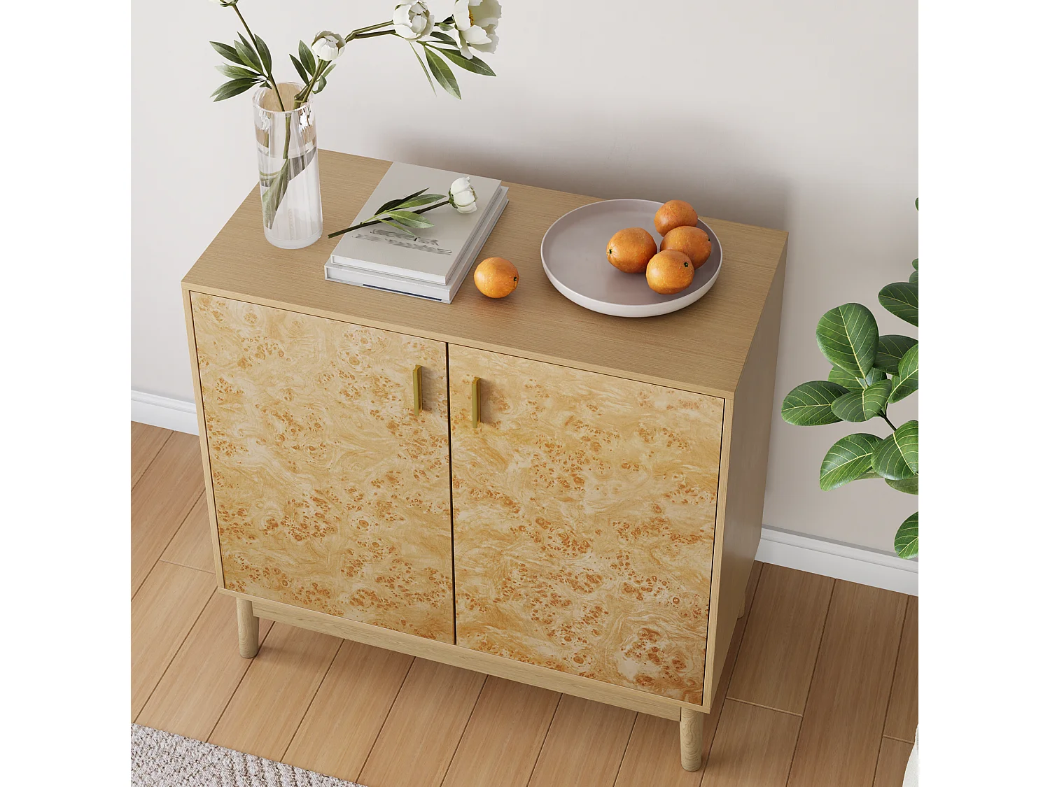 Buffet avec pieds en bois massif, étagères réglables, MDF, jaune (80x38x77,5 cm)