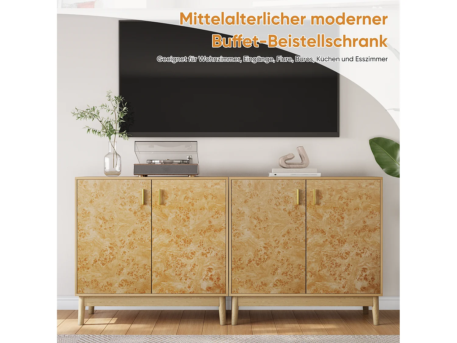 Buffet avec pieds en bois massif, étagères réglables, MDF, jaune (80x38x77,5 cm)