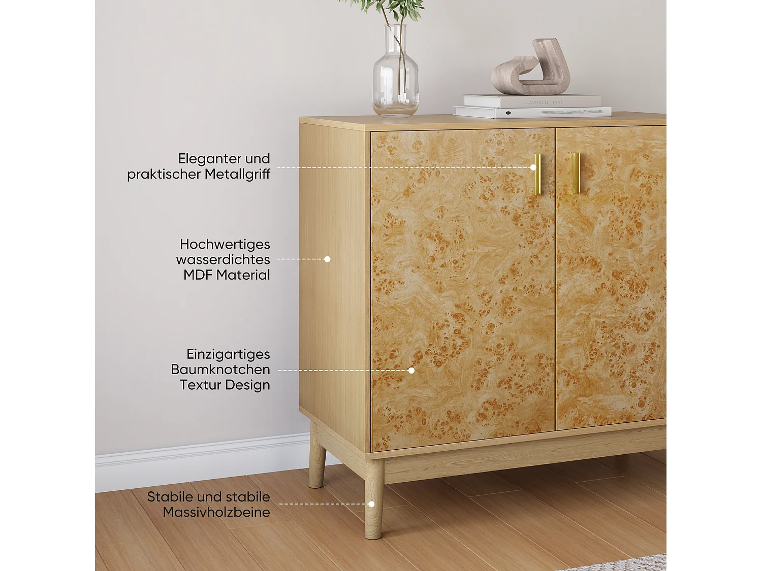 Buffet avec pieds en bois massif, étagères réglables, MDF, jaune (80x38x77,5 cm)