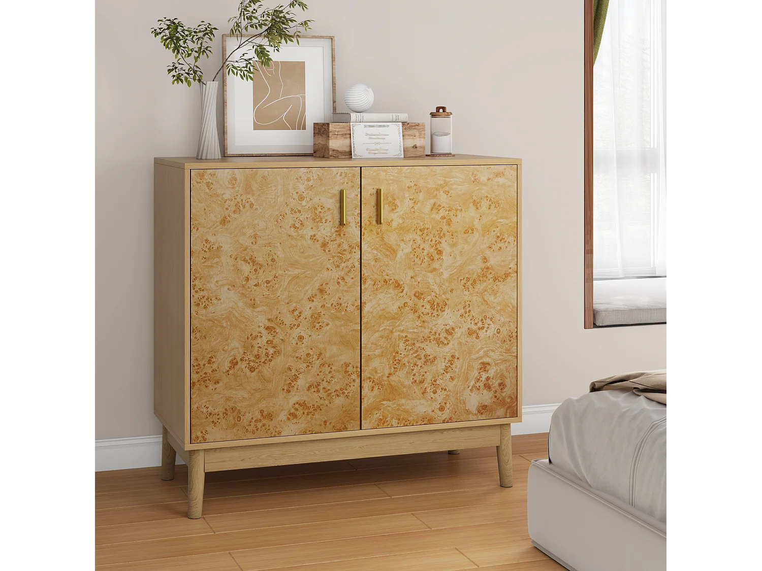 Buffet avec pieds en bois massif, étagères réglables, MDF, jaune (80x38x77,5 cm)