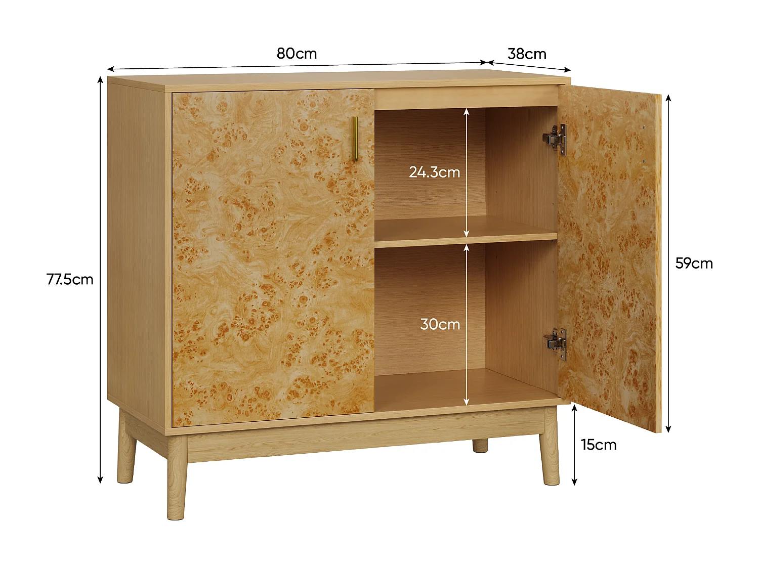 Buffet avec pieds en bois massif, étagères réglables, MDF, jaune (80x38x77,5 cm)