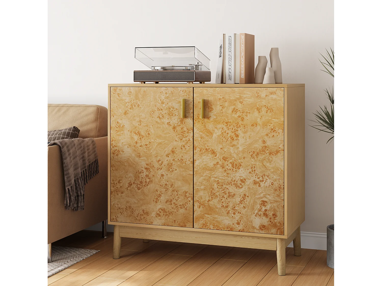 Buffet avec pieds en bois massif, étagères réglables, MDF, jaune (80x38x77,5 cm)