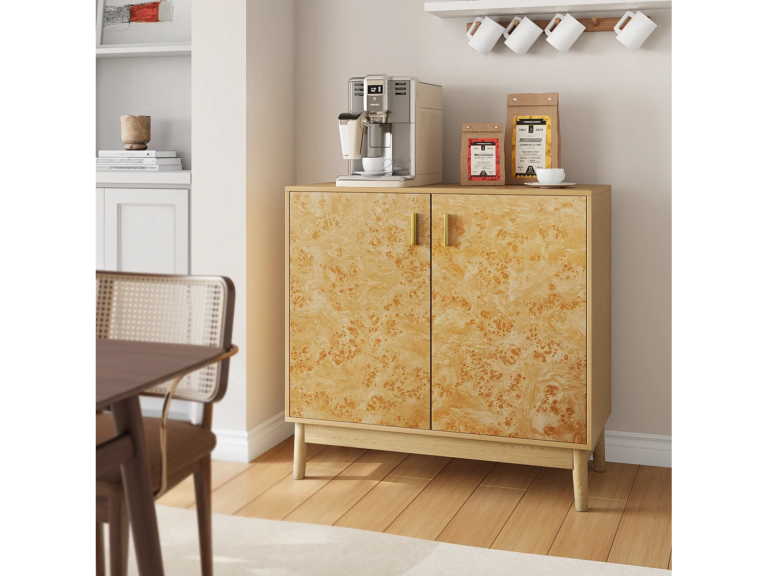 Buffet avec pieds en bois massif, étagères réglables, MDF, jaune (80x38x77,5 cm)