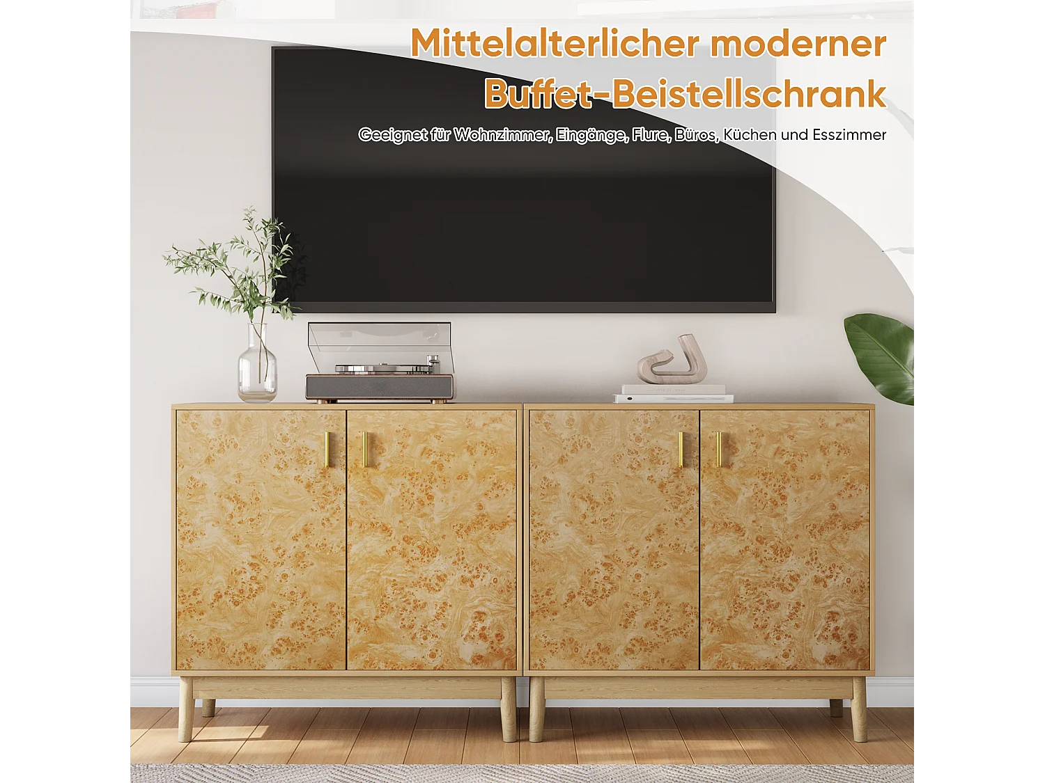 Buffet avec pieds en bois massif, étagères réglables, MDF, jaune (80x38x77,5 cm)