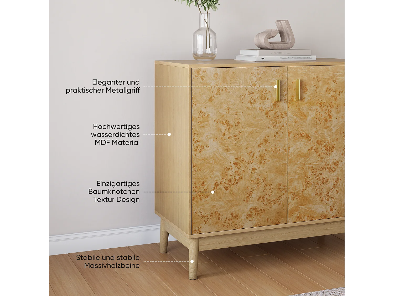 Buffet avec pieds en bois massif, étagères réglables, MDF, jaune (80x38x77,5 cm)