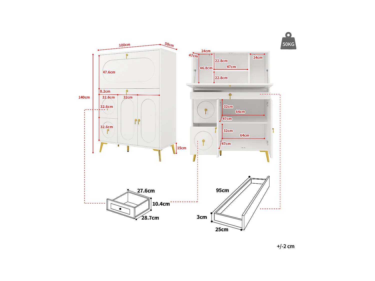 Mueble de cocina con puertas plegables, diseño moderno, MDF, blanco (100x50x140 cm)