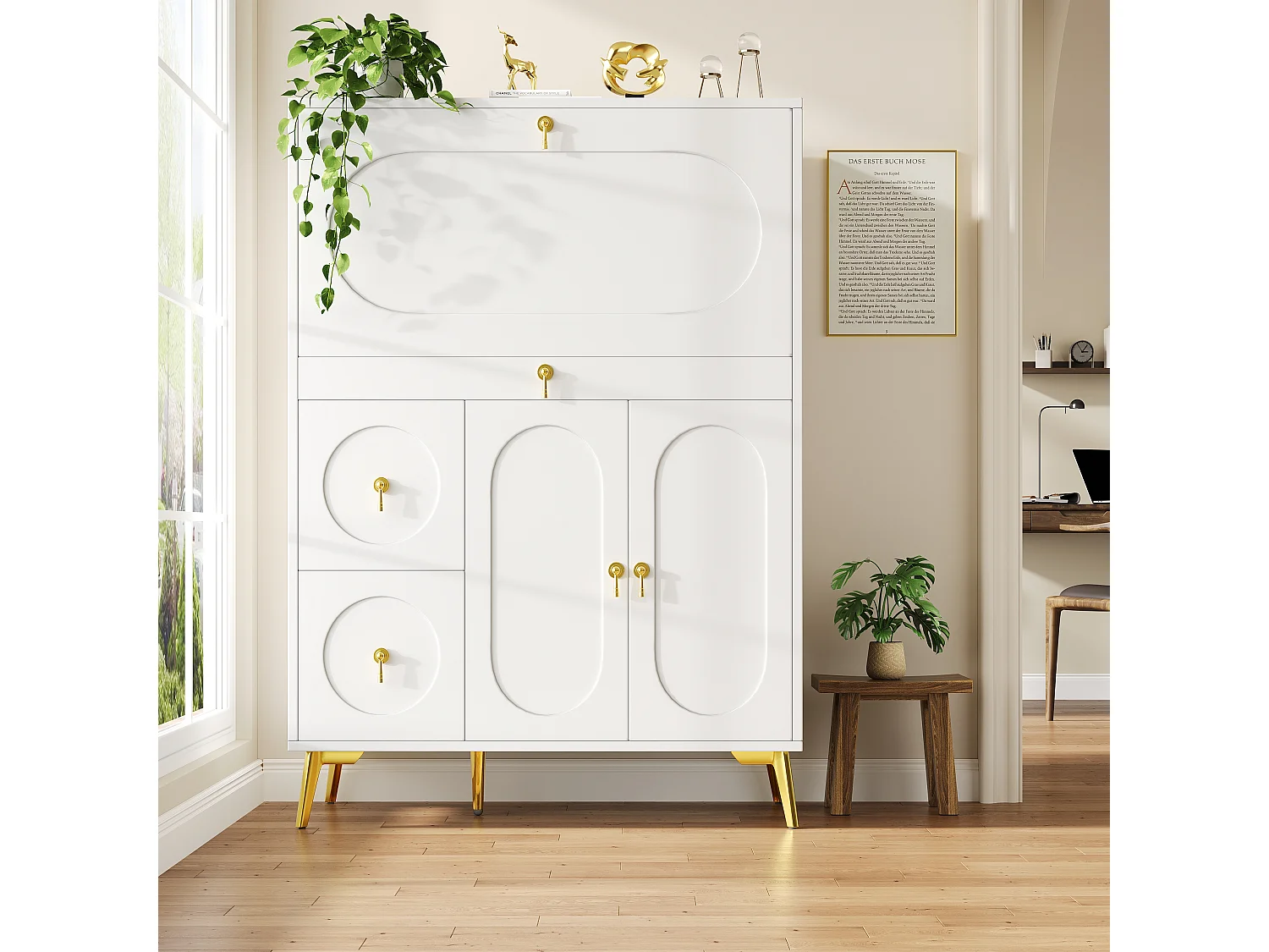 Mobile da cucina con ante a soffietto, design moderno, MDF, bianco (100x50x140 cm)