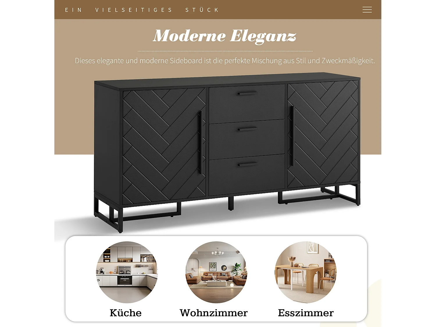 Dressoir met chevrondeuren, 2 deuren en 3 laden, MDF, zwart (145x40x75 cm)