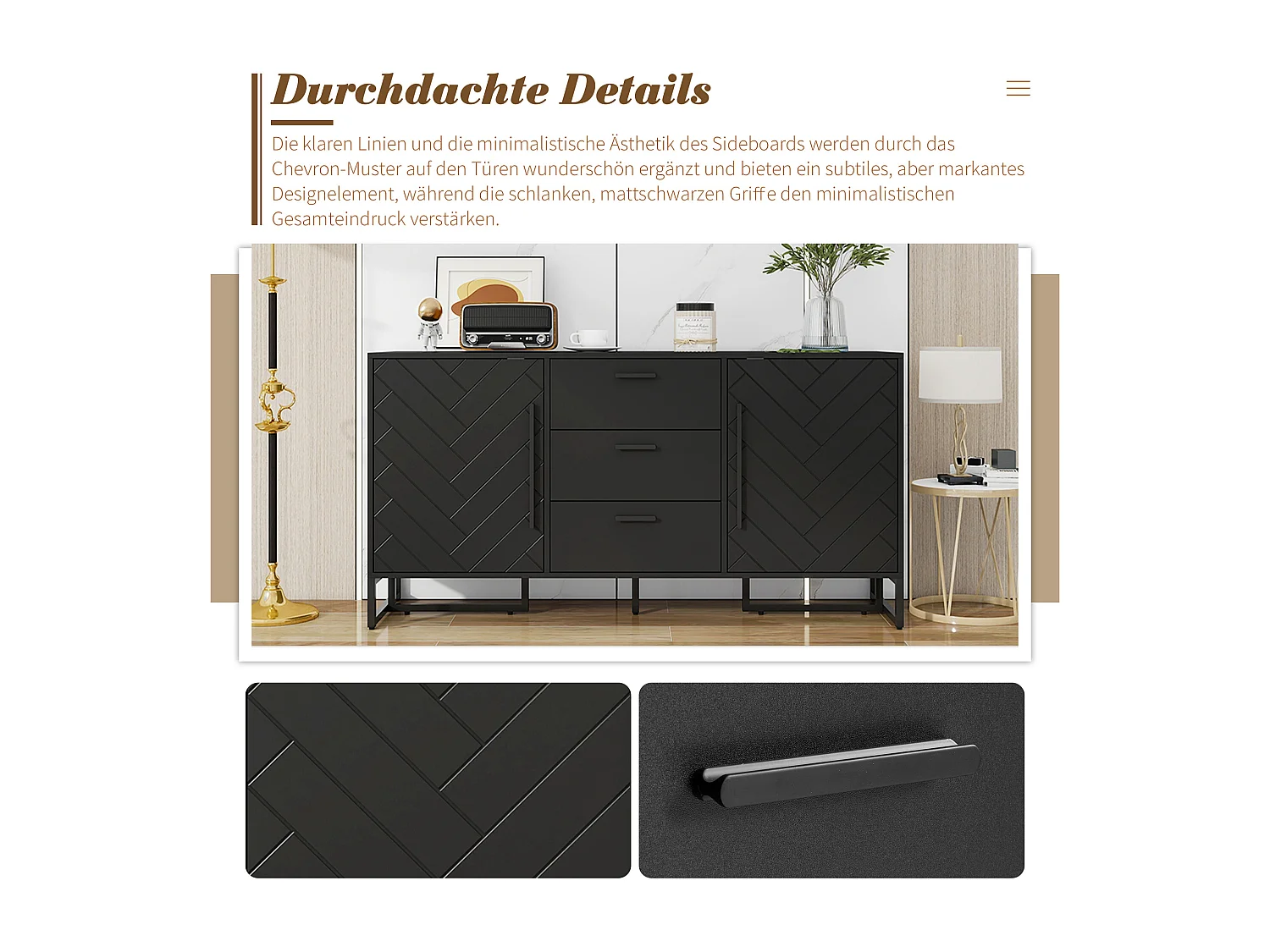 Dressoir met chevrondeuren, 2 deuren en 3 laden, MDF, zwart (145x40x75 cm)
