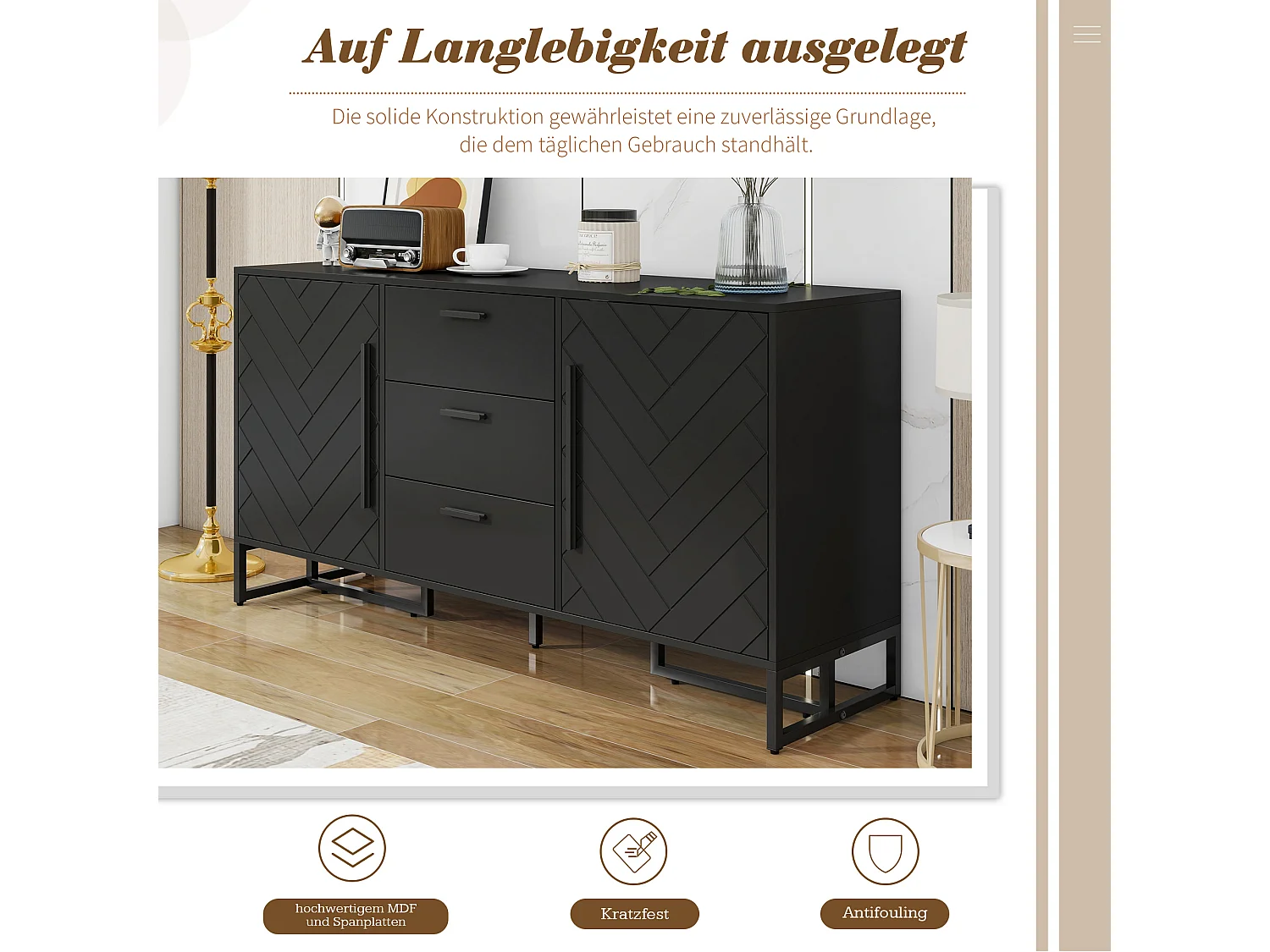 Dressoir met chevrondeuren, 2 deuren en 3 laden, MDF, zwart (145x40x75 cm)
