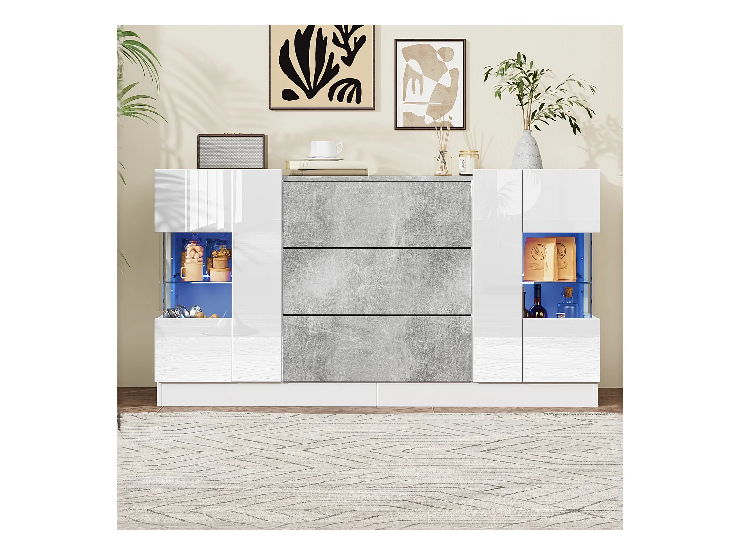 Buffet avec 2 portes et 3 tiroirs, design moderne, MDF et verre, blanc et effet marbre gris (140x35x75 cm)