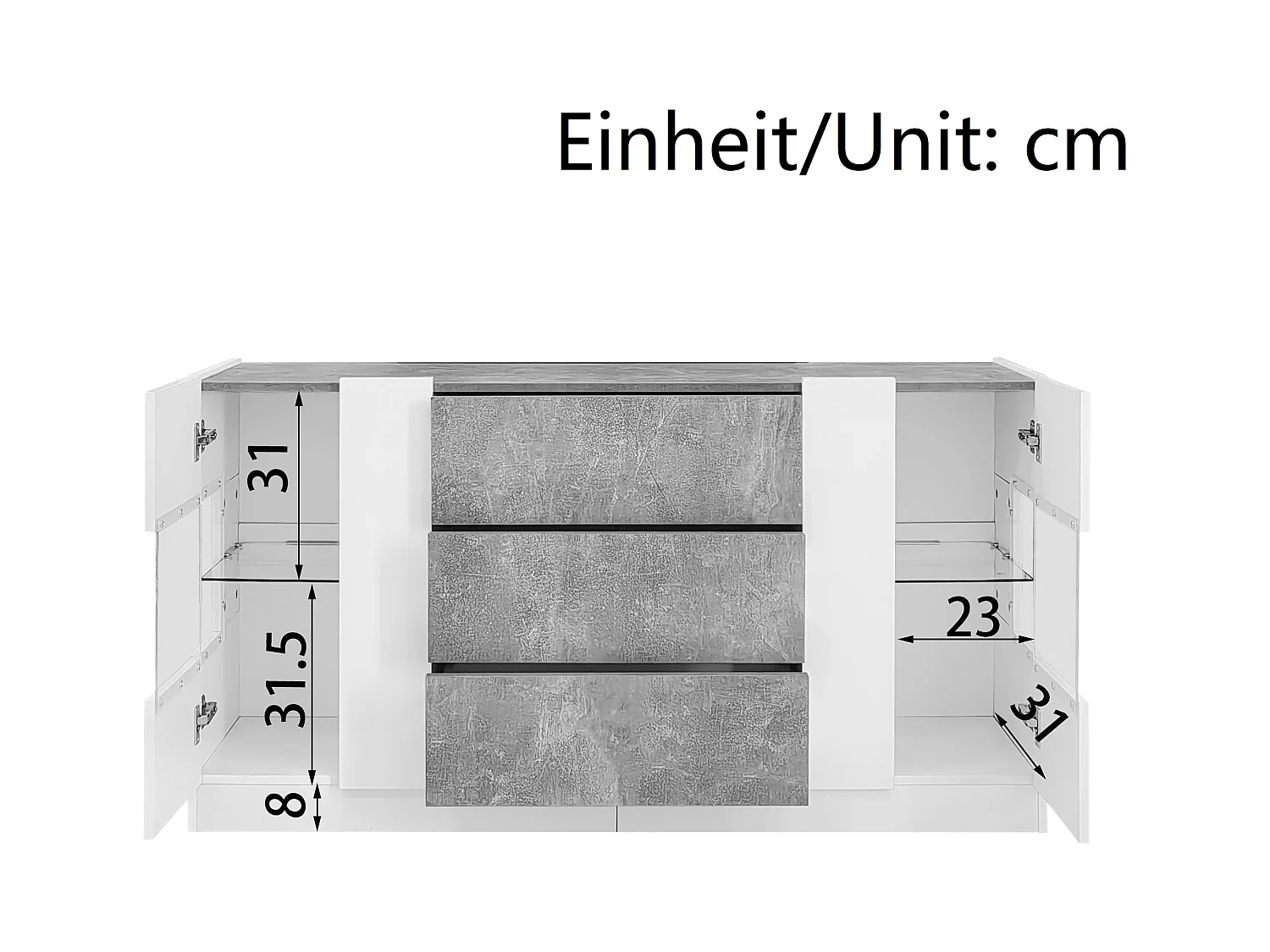 Buffet avec 2 portes et 3 tiroirs, design moderne, MDF et verre, blanc et effet marbre gris (140x35x75 cm)