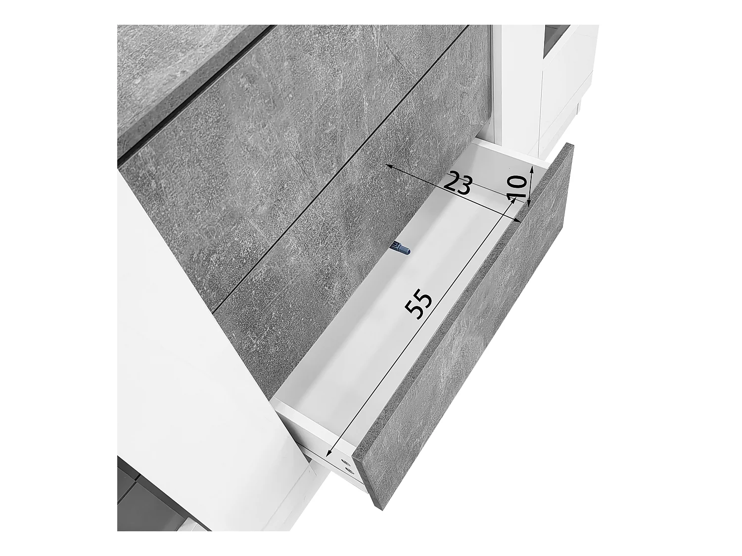 Buffet avec 2 portes et 3 tiroirs, design moderne, MDF et verre, blanc et effet marbre gris (140x35x75 cm)