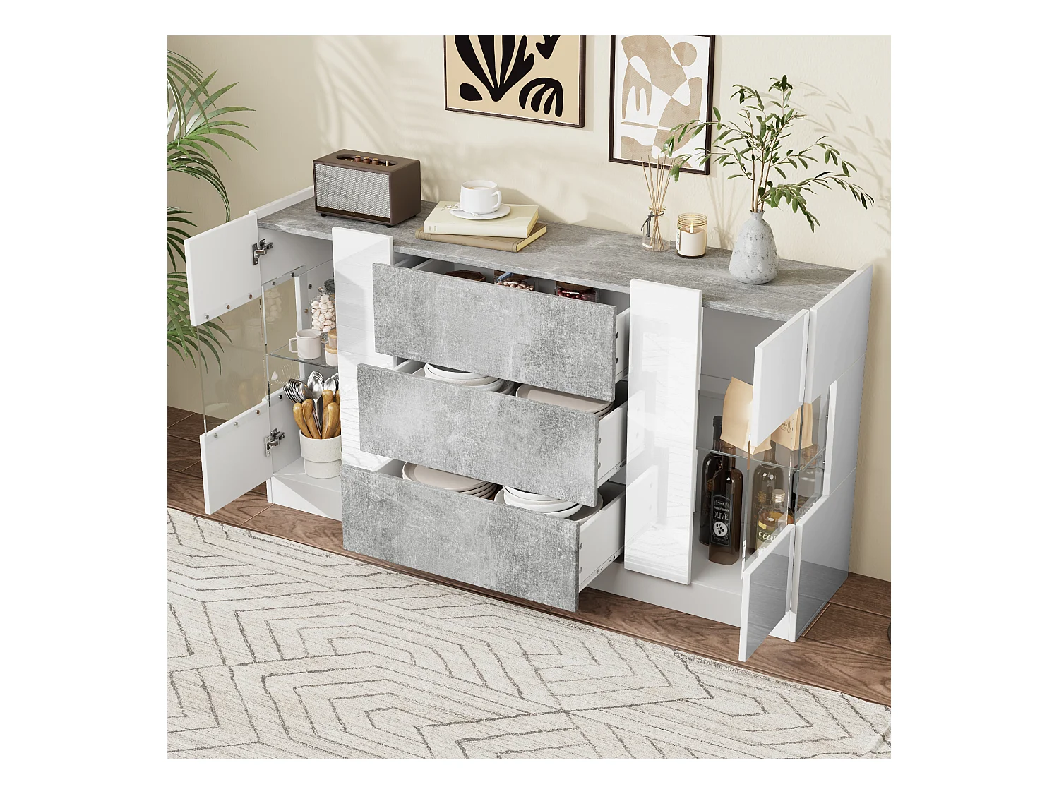 Buffet avec 2 portes et 3 tiroirs, design moderne, MDF et verre, blanc et effet marbre gris (140x35x75 cm)