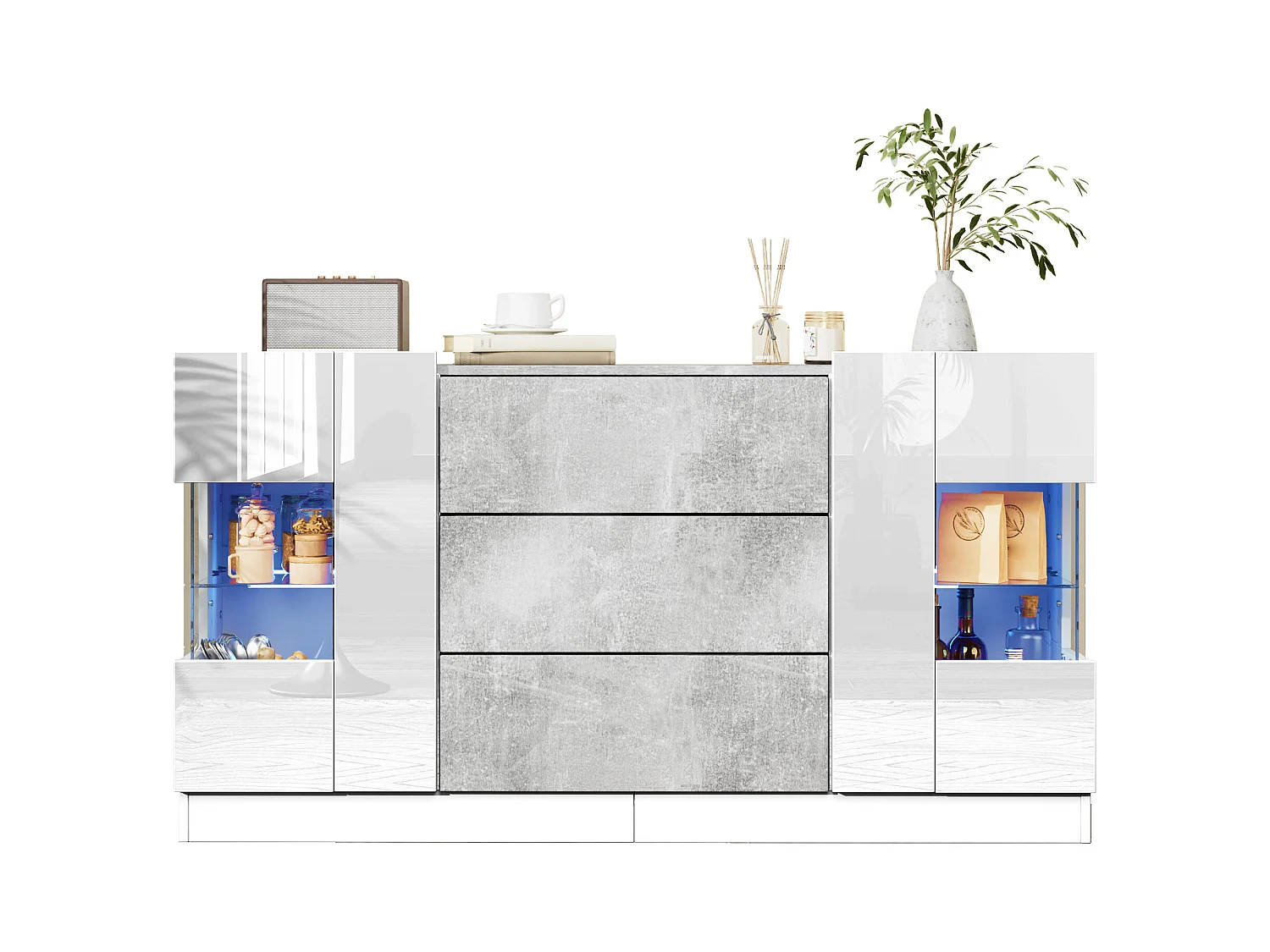 Buffet avec 2 portes et 3 tiroirs, design moderne, MDF et verre, blanc et effet marbre gris (140x35x75 cm)
