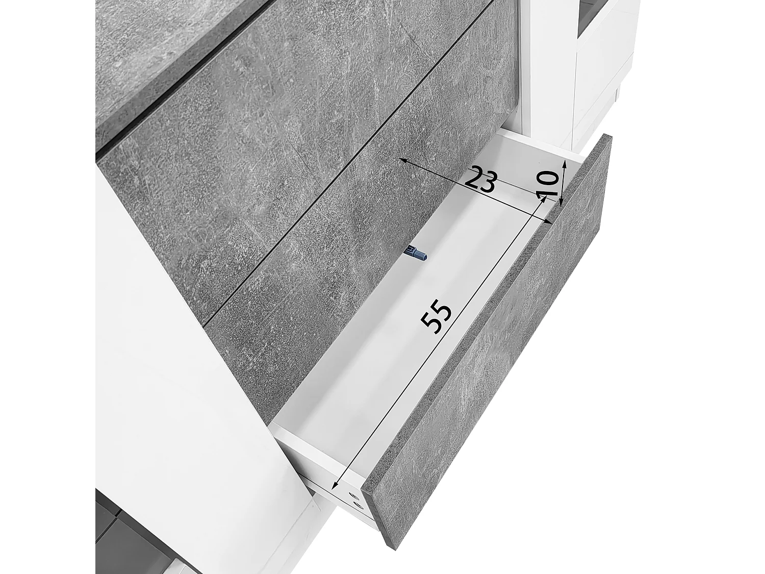 Buffet avec 2 portes et 3 tiroirs, design moderne, MDF et verre, blanc et effet marbre gris (140x35x75 cm)