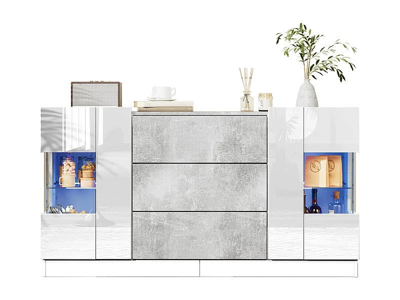 Aparador con 2 puertas y 3 cajones, diseño moderno, MDF y cristal, efecto mármol blanco y gris (140x35x75 cm)