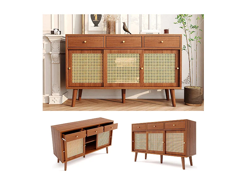 Credenza con 3 cassetti e 3 ante scorrevoli in vetro, design moderno, MDF, colore noce (120x40x78 cm)