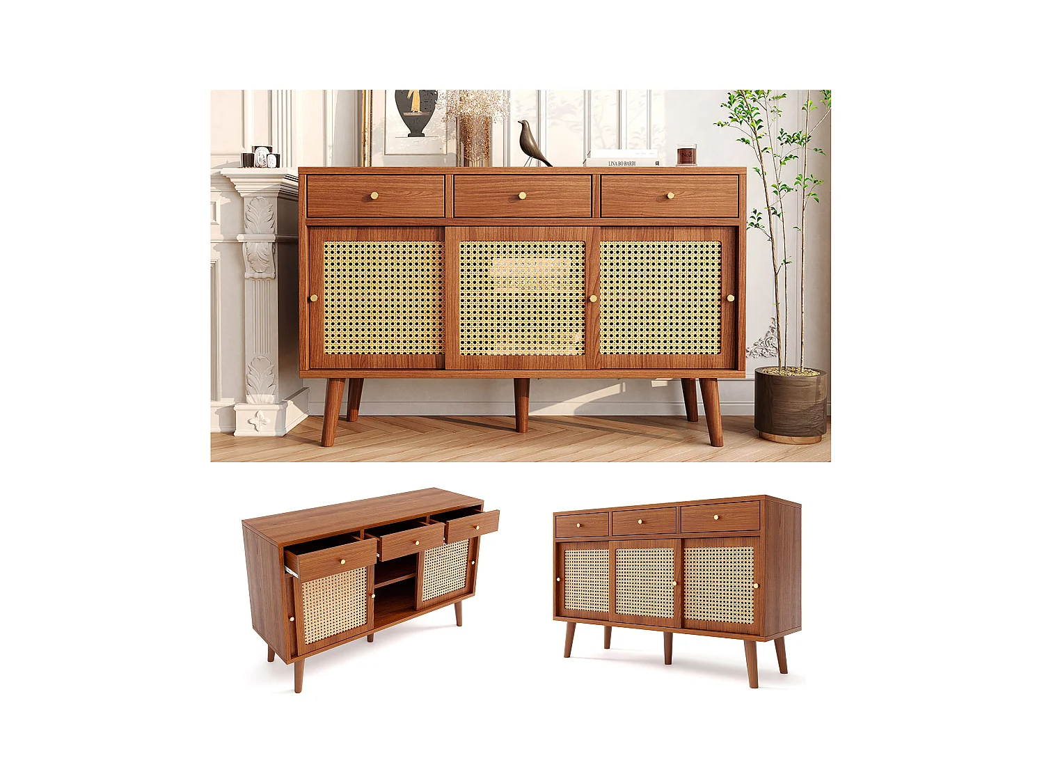 Credenza con 3 cassetti e 3 ante scorrevoli in vetro, design moderno, MDF, colore noce (120x40x78 cm)