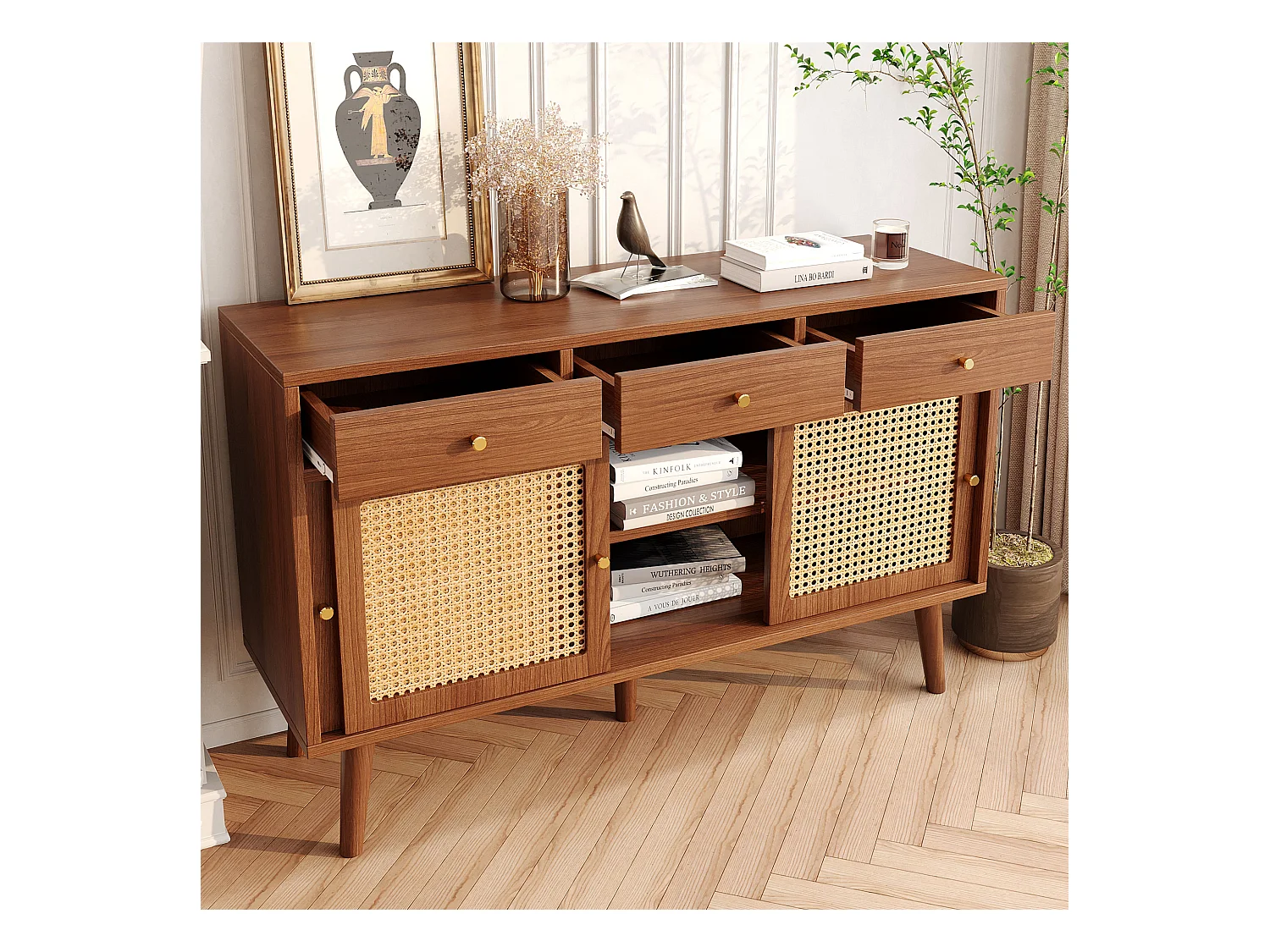 Credenza con 3 cassetti e 3 ante scorrevoli in vetro, design moderno, MDF, colore noce (120x40x78 cm)