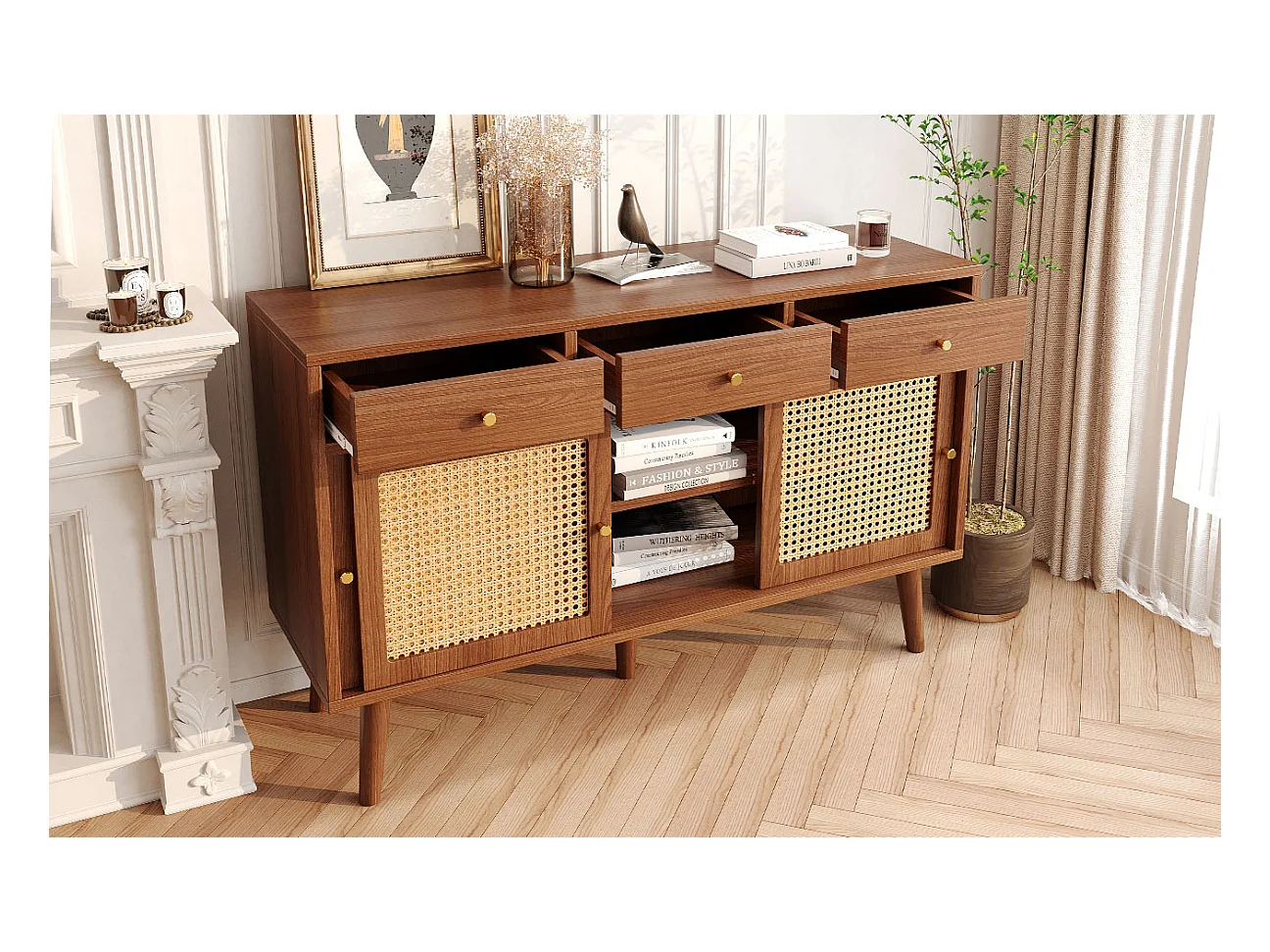 Credenza con 3 cassetti e 3 ante scorrevoli in vetro, design moderno, MDF, colore noce (120x40x78 cm)