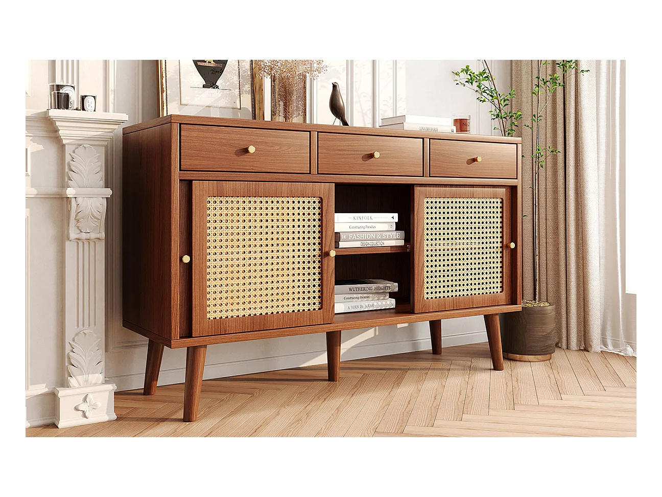 Credenza con 3 cassetti e 3 ante scorrevoli in vetro, design moderno, MDF, colore noce (120x40x78 cm)