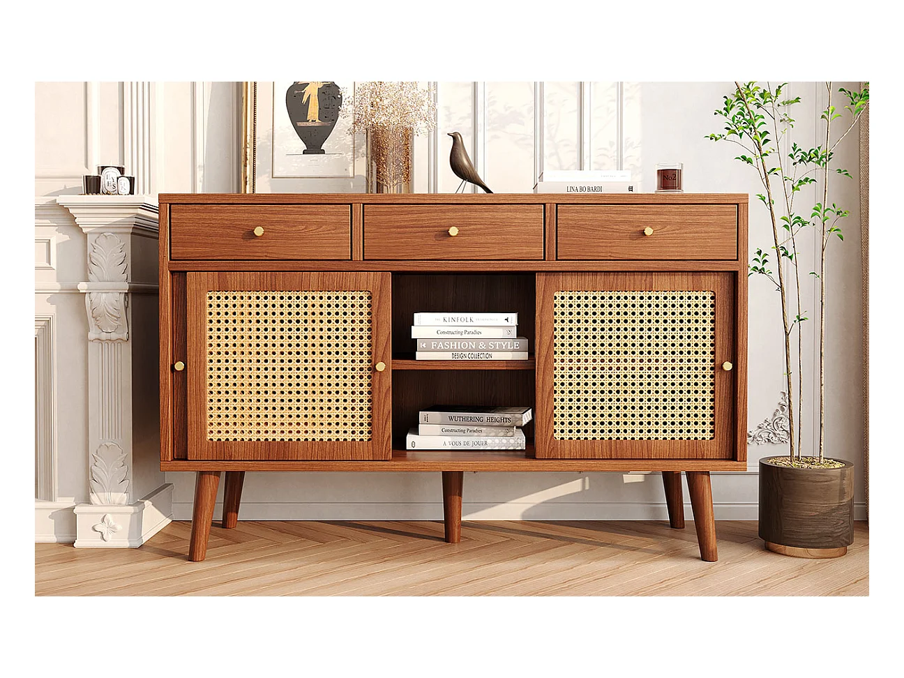 Credenza con 3 cassetti e 3 ante scorrevoli in vetro, design moderno, MDF, colore noce (120x40x78 cm)