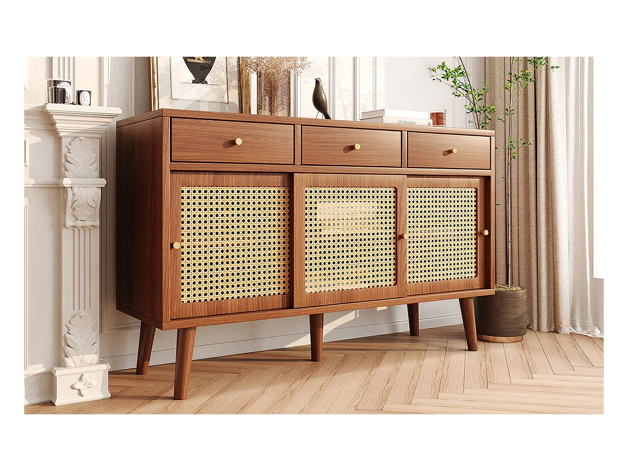 Credenza con 3 cassetti e 3 ante scorrevoli in vetro, design moderno, MDF, colore noce (120x40x78 cm)