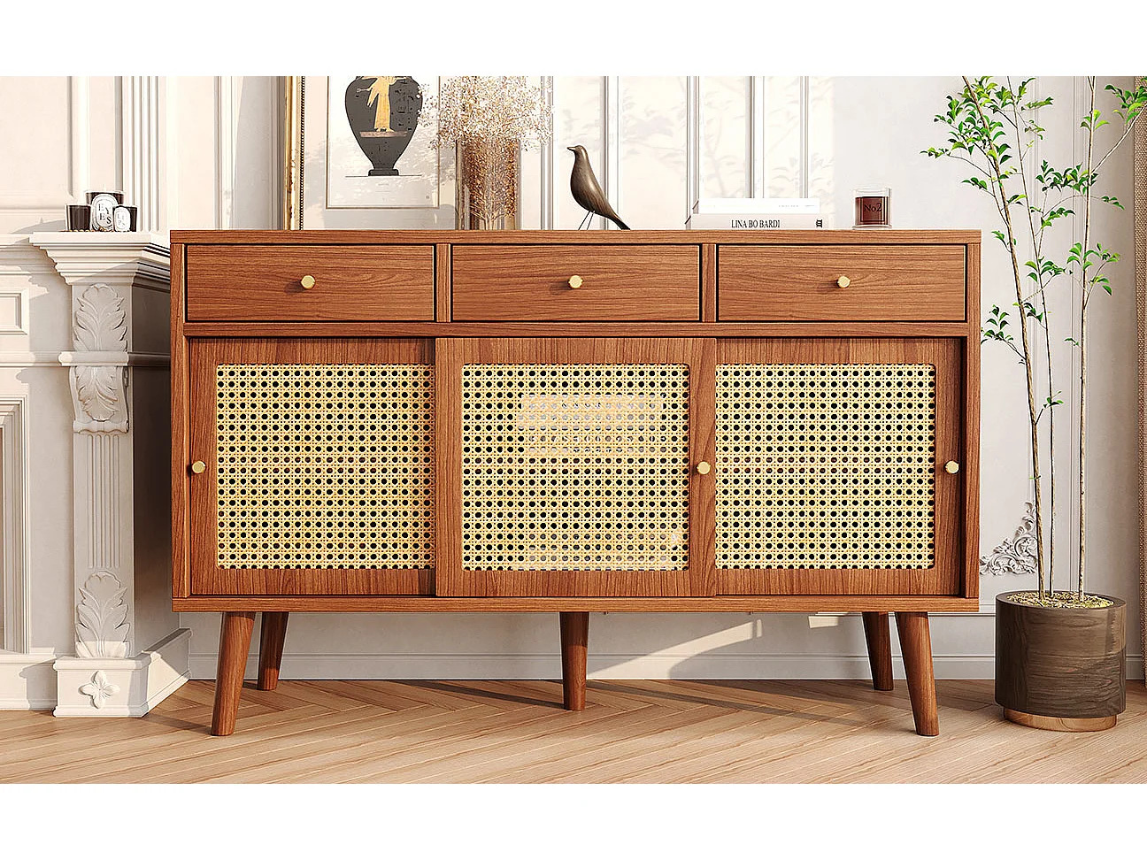 Buffet avec 3 tiroirs et 3 portes coulissantes en verre, design moderne, MDF, couleur noyer (120x40x78 cm)