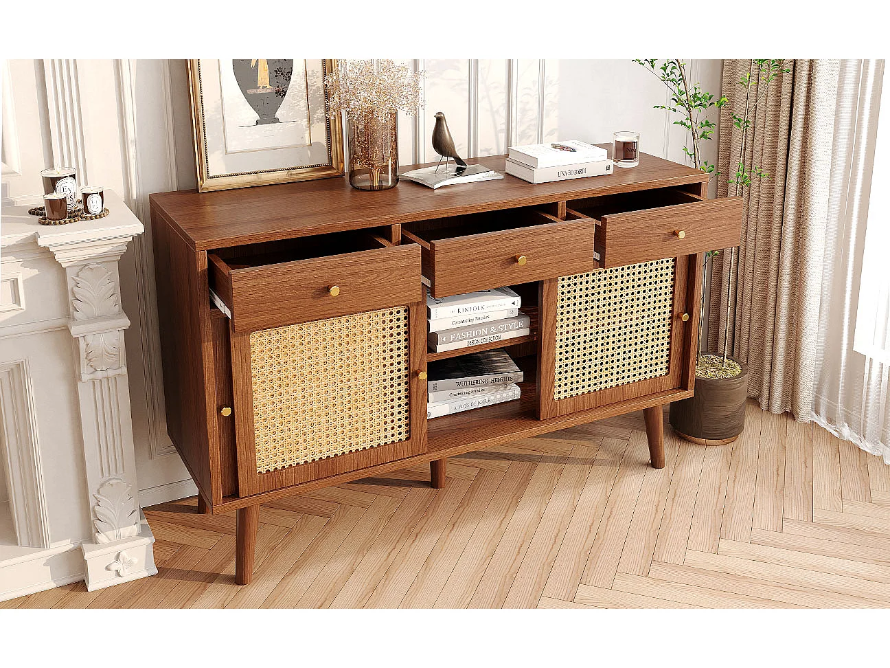 Buffet avec 3 tiroirs et 3 portes coulissantes en verre, design moderne, MDF, couleur noyer (120x40x78 cm)