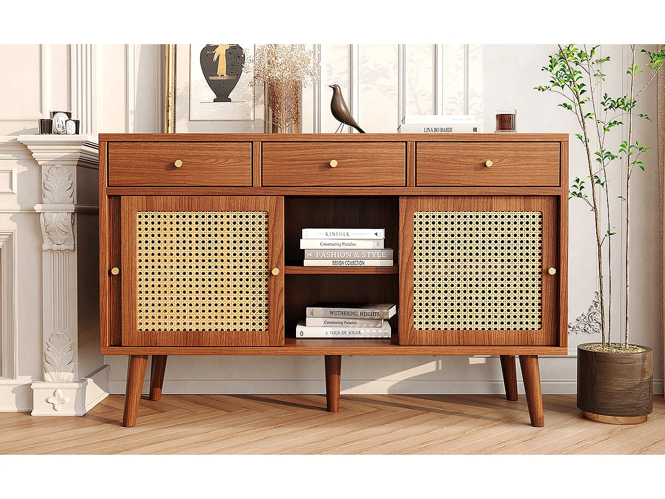 Buffet avec 3 tiroirs et 3 portes coulissantes en verre, design moderne, MDF, couleur noyer (120x40x78 cm)