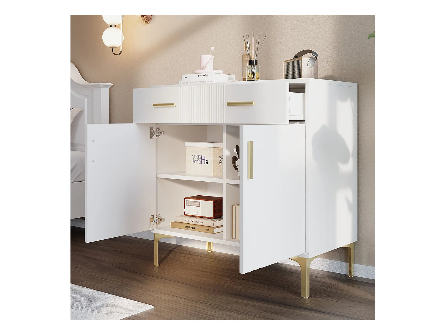 Buffet moderne, 2 portes, 2 tiroirs, MDF, blanc (120x40x76 cm)