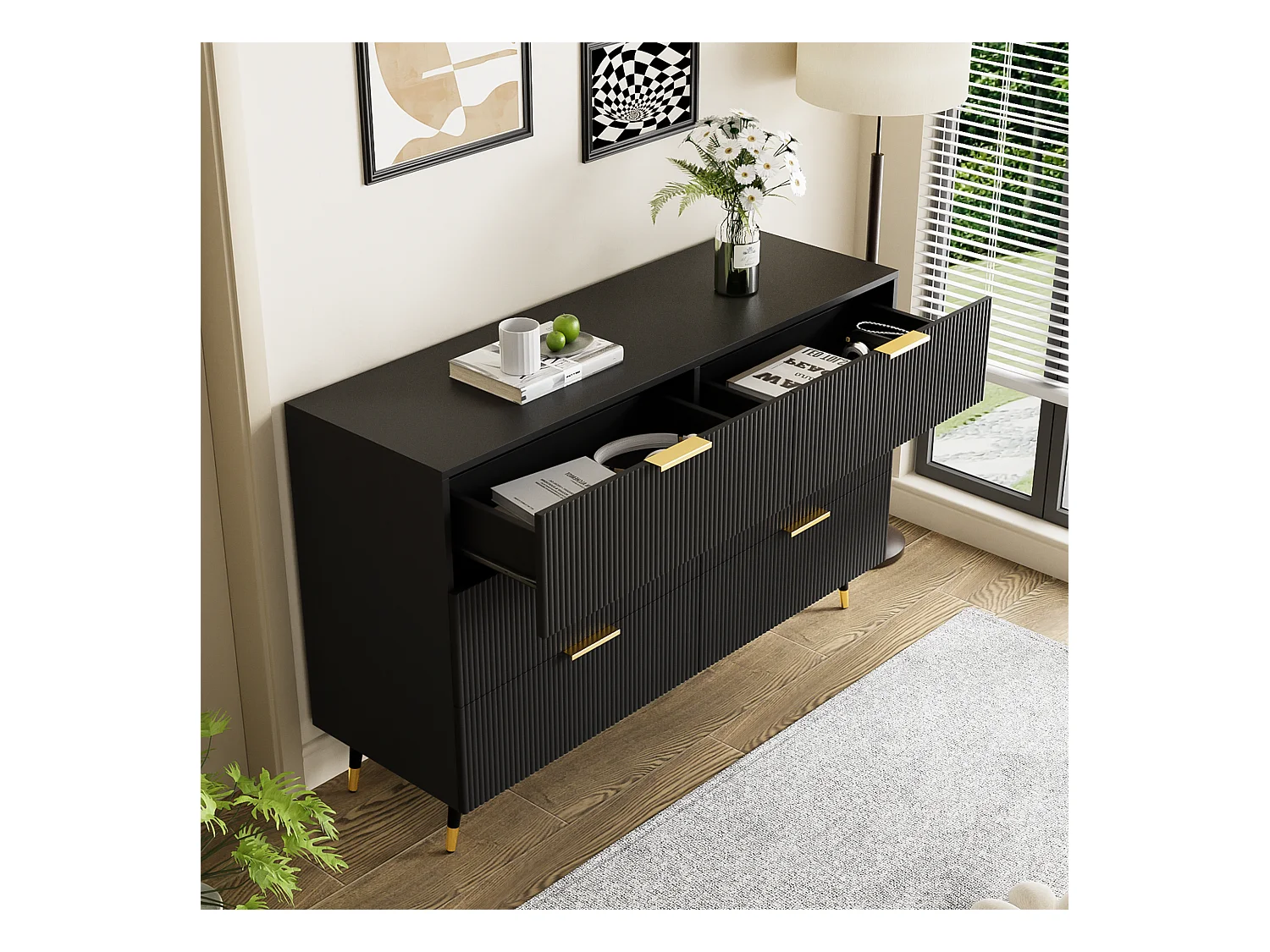 Buffet élégant avec tiroirs et portes, MDF, noir et or (120x40x77 cm)