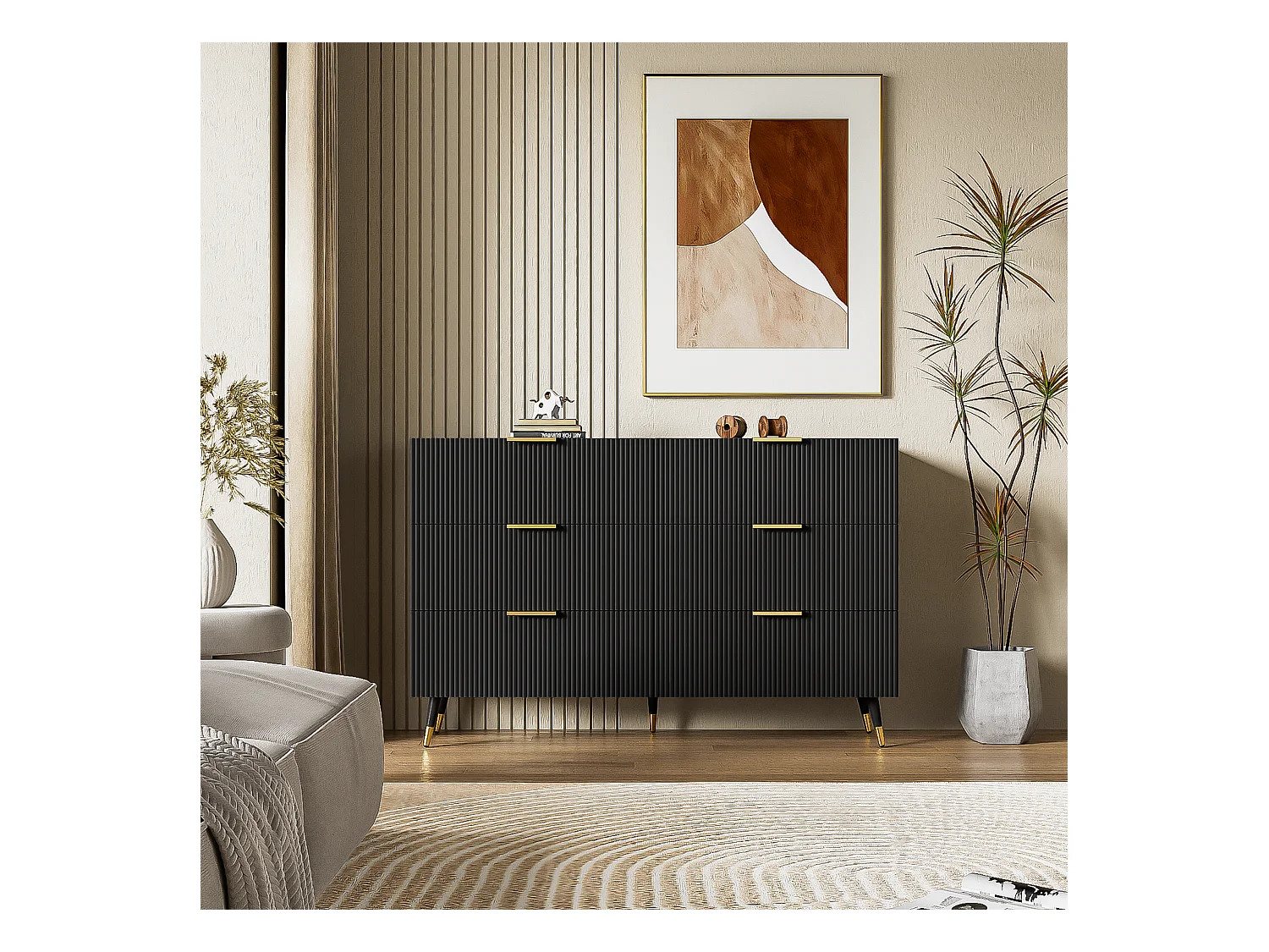 Buffet élégant avec tiroirs et portes, MDF, noir et or (120x40x77 cm)