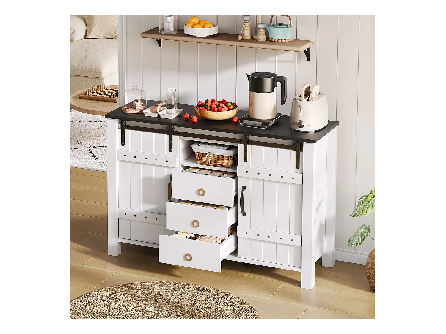 Buffet avec 3 tiroirs et portes coulissantes, MDF, Blanc, (120x40x80 cm)