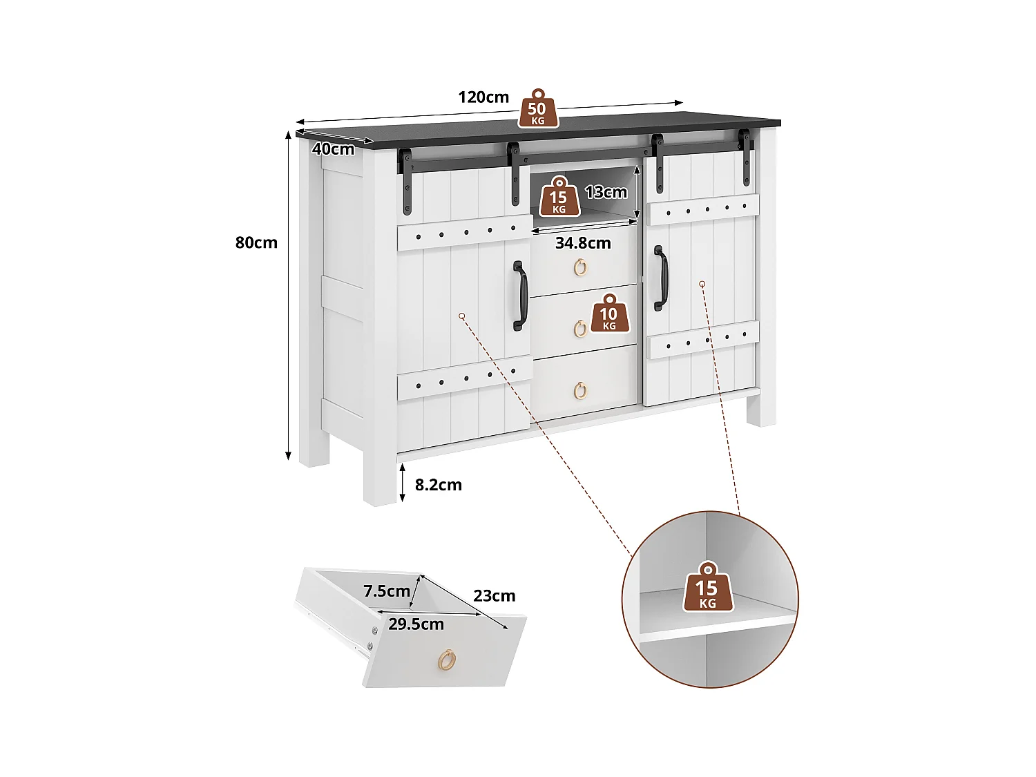 Buffet avec 3 tiroirs et portes coulissantes, MDF, Blanc, (120x40x80 cm)