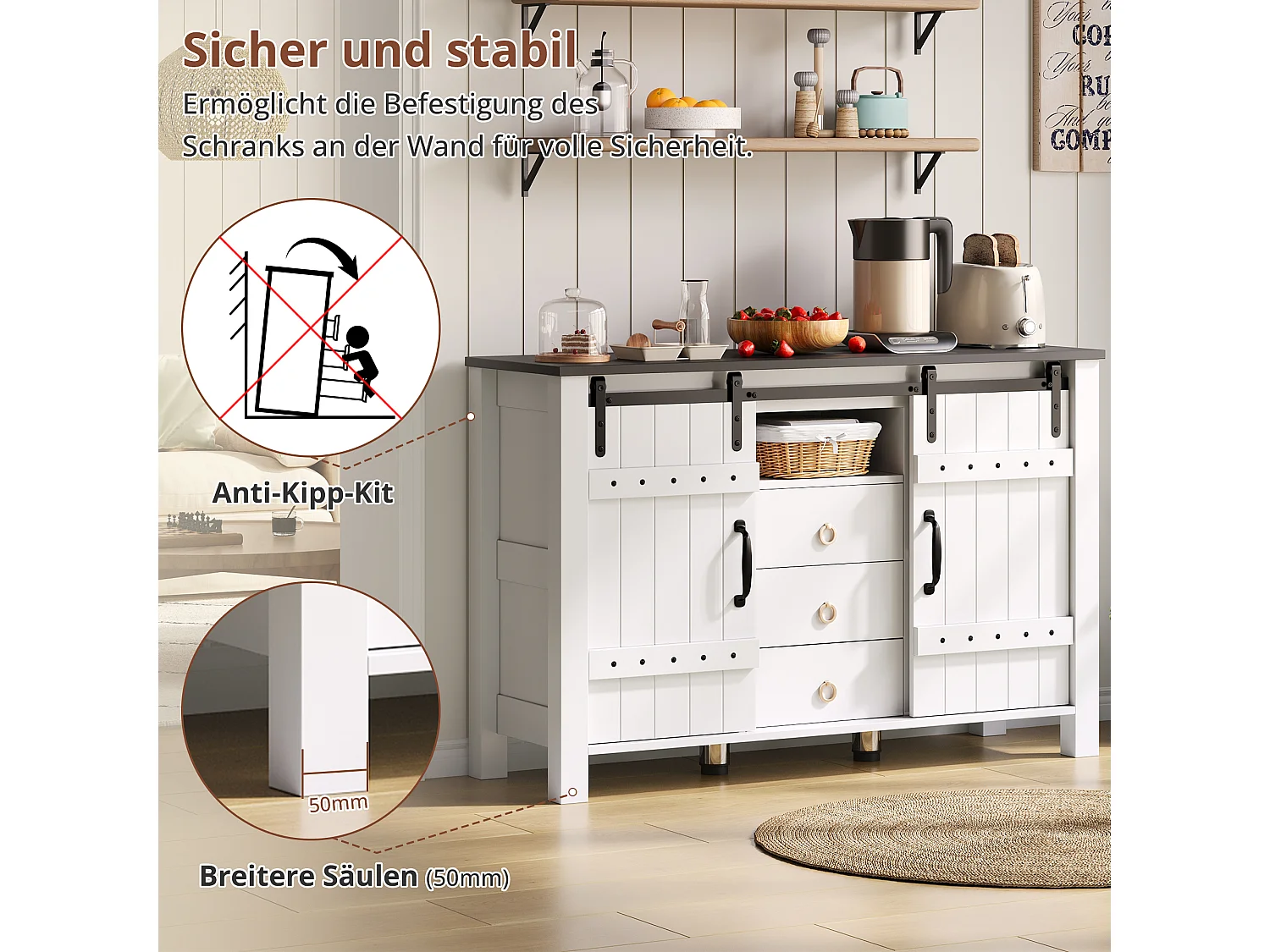 Buffet avec 3 tiroirs et portes coulissantes, MDF, Blanc, (120x40x80 cm)