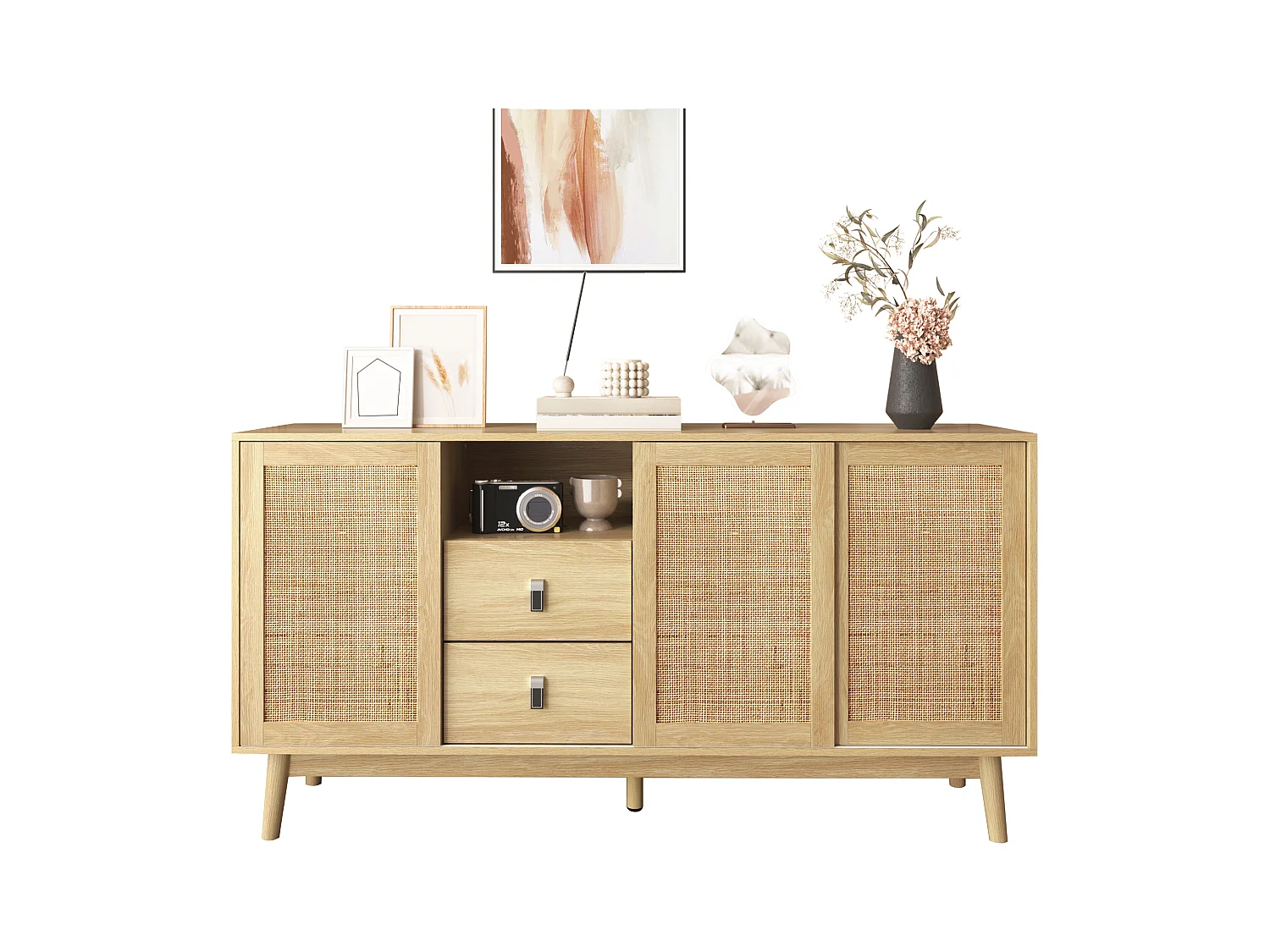 Buffet avec 3 portes coulissantes en rotin, 2 tiroirs, MDF, bois (155x38x80 cm)