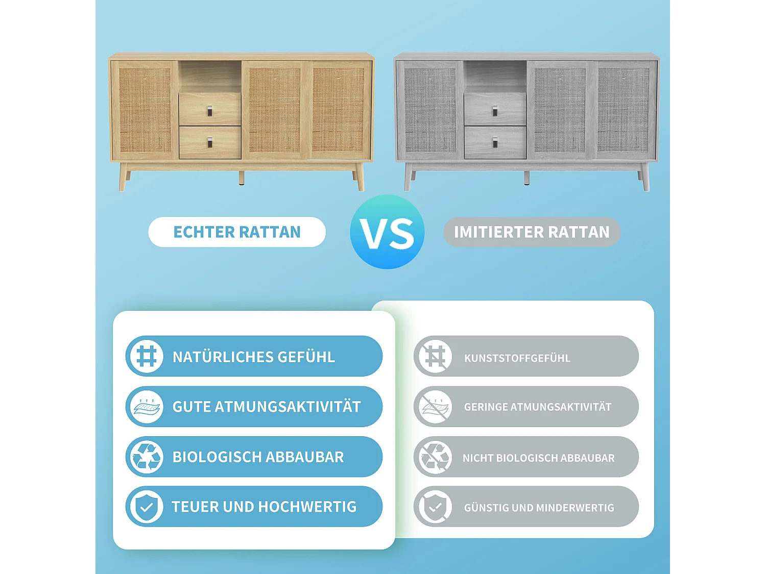 Aparador con 3 puertas correderas de ratán, 2 cajones, MDF, madera (155x38x80 cm)
