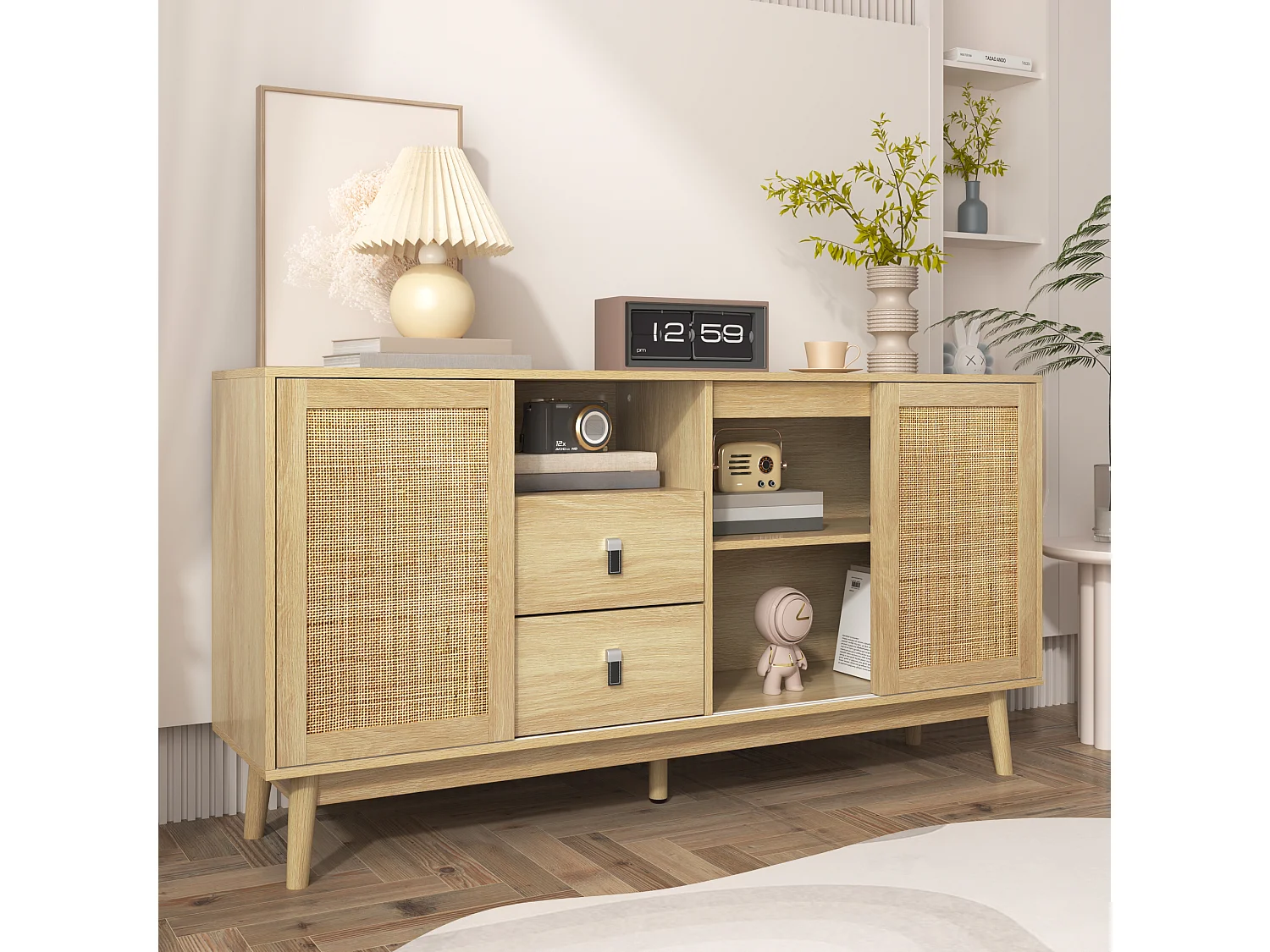 Aparador con 3 puertas correderas de ratán, 2 cajones, MDF, madera (155x38x80 cm)