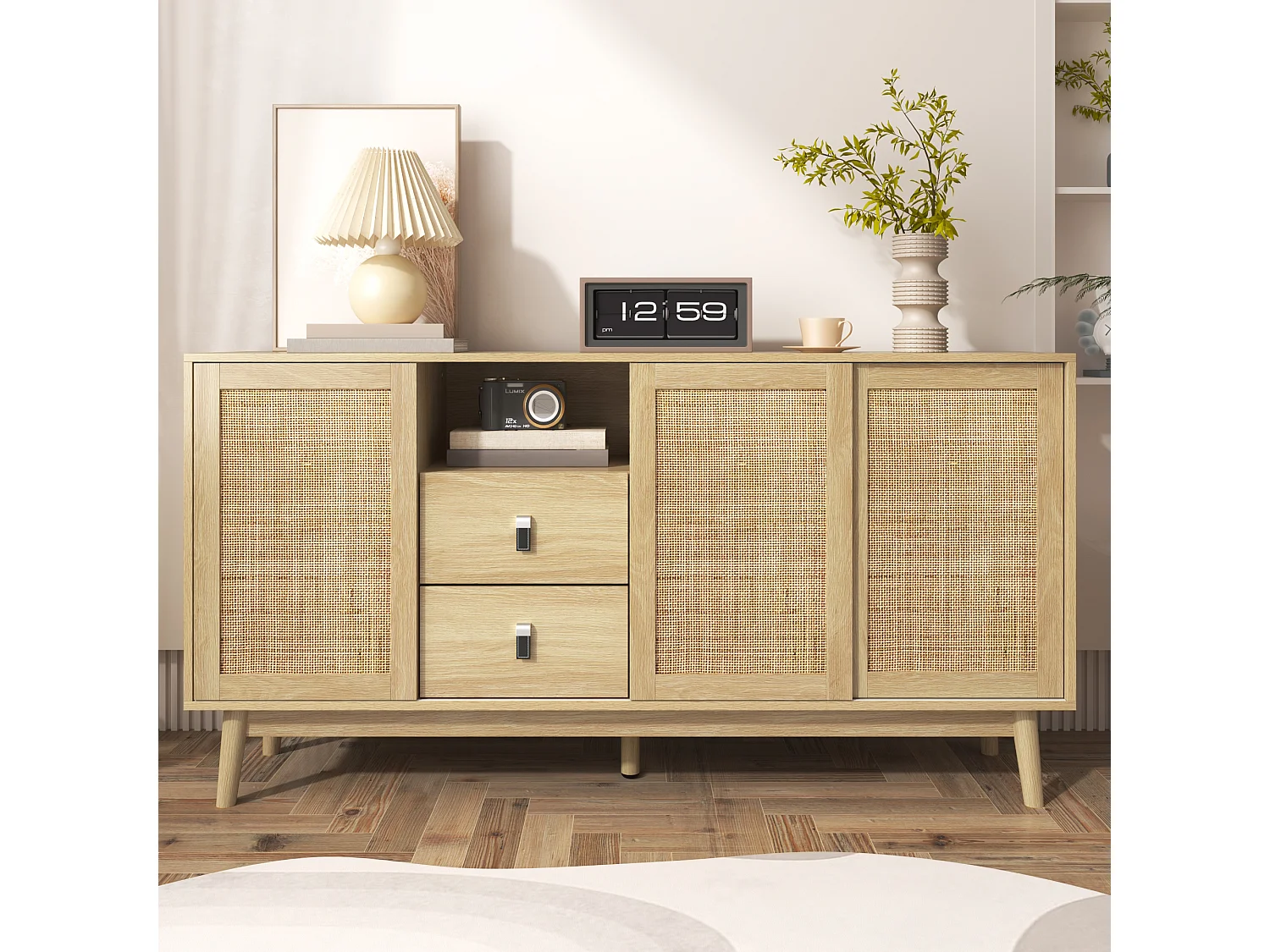 Aparador con 3 puertas correderas de ratán, 2 cajones, MDF, madera (155x38x80 cm)